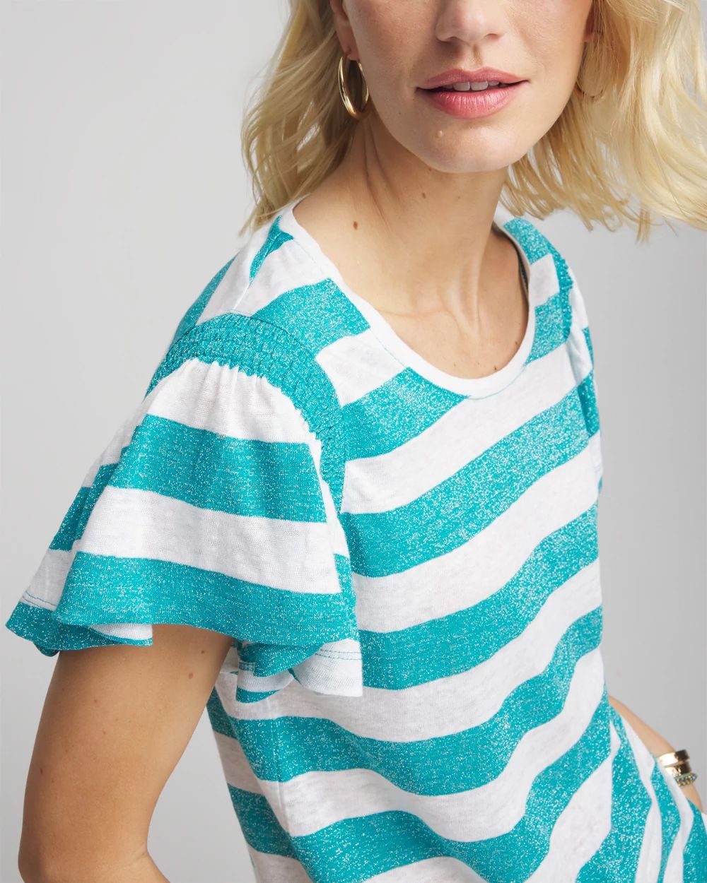 Linen Metallic Striped Flutter-Sleeve Tee