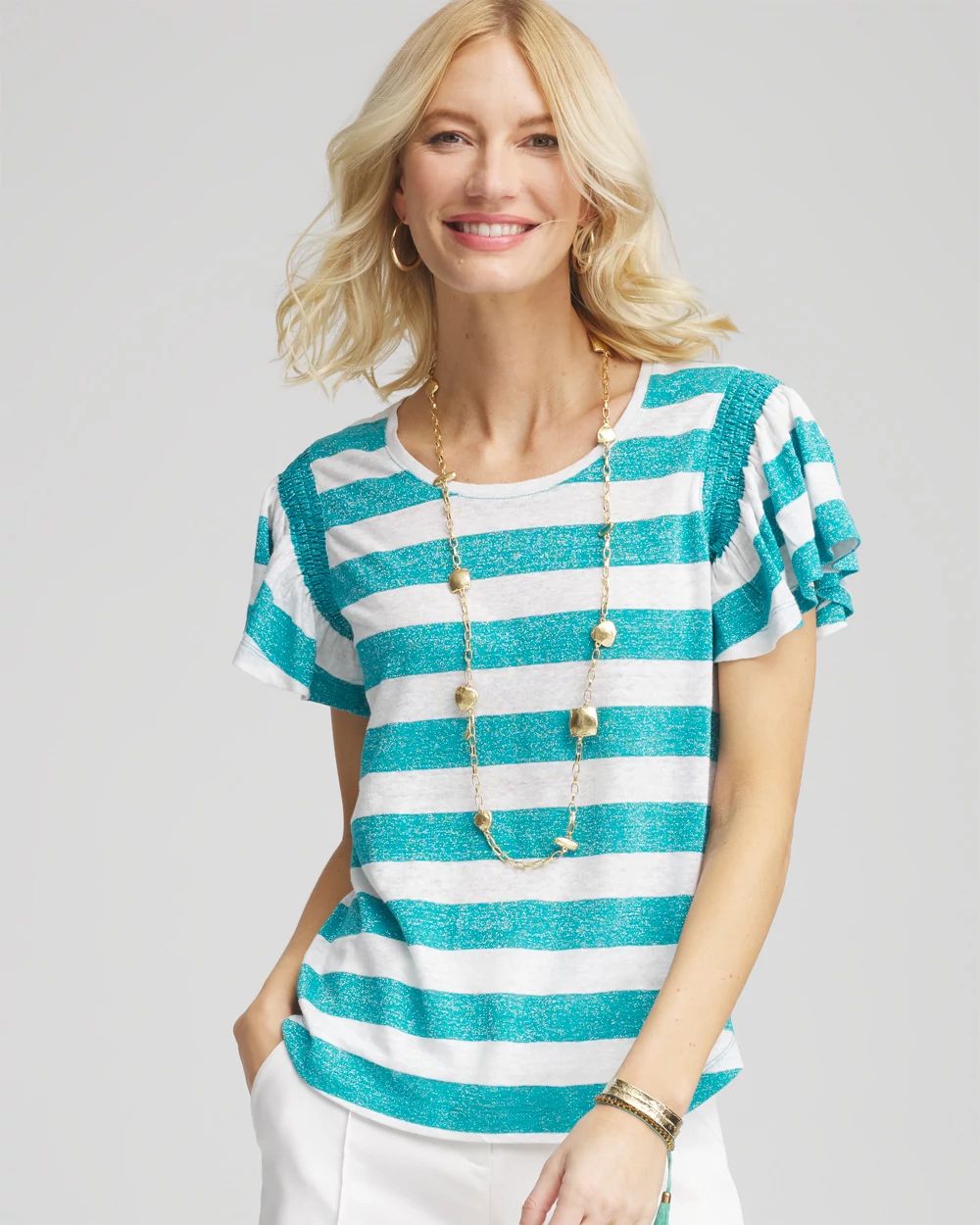 Linen Metallic Striped Flutter-Sleeve Tee