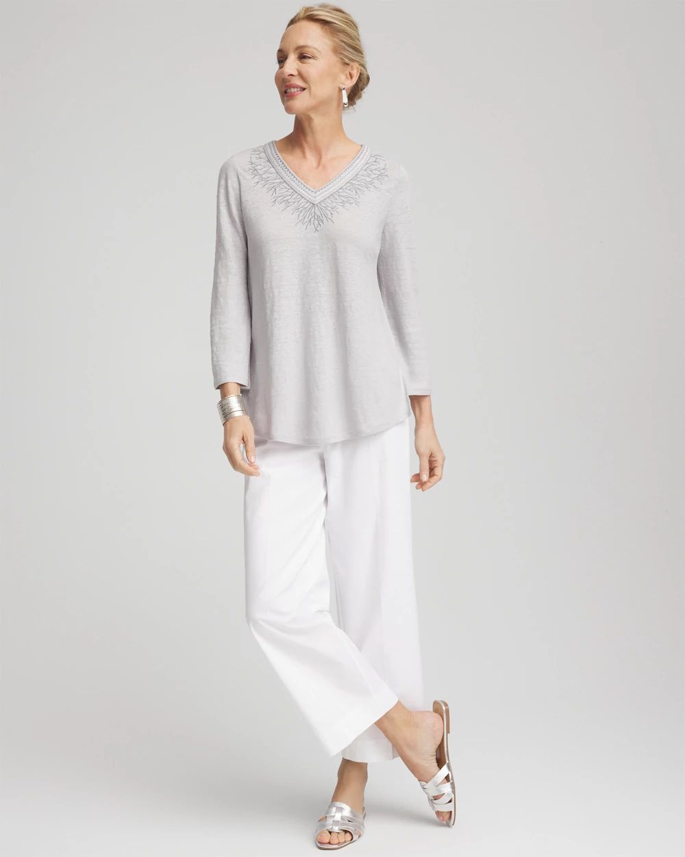 Linen Metallic Embroidered V-Neck Tunic