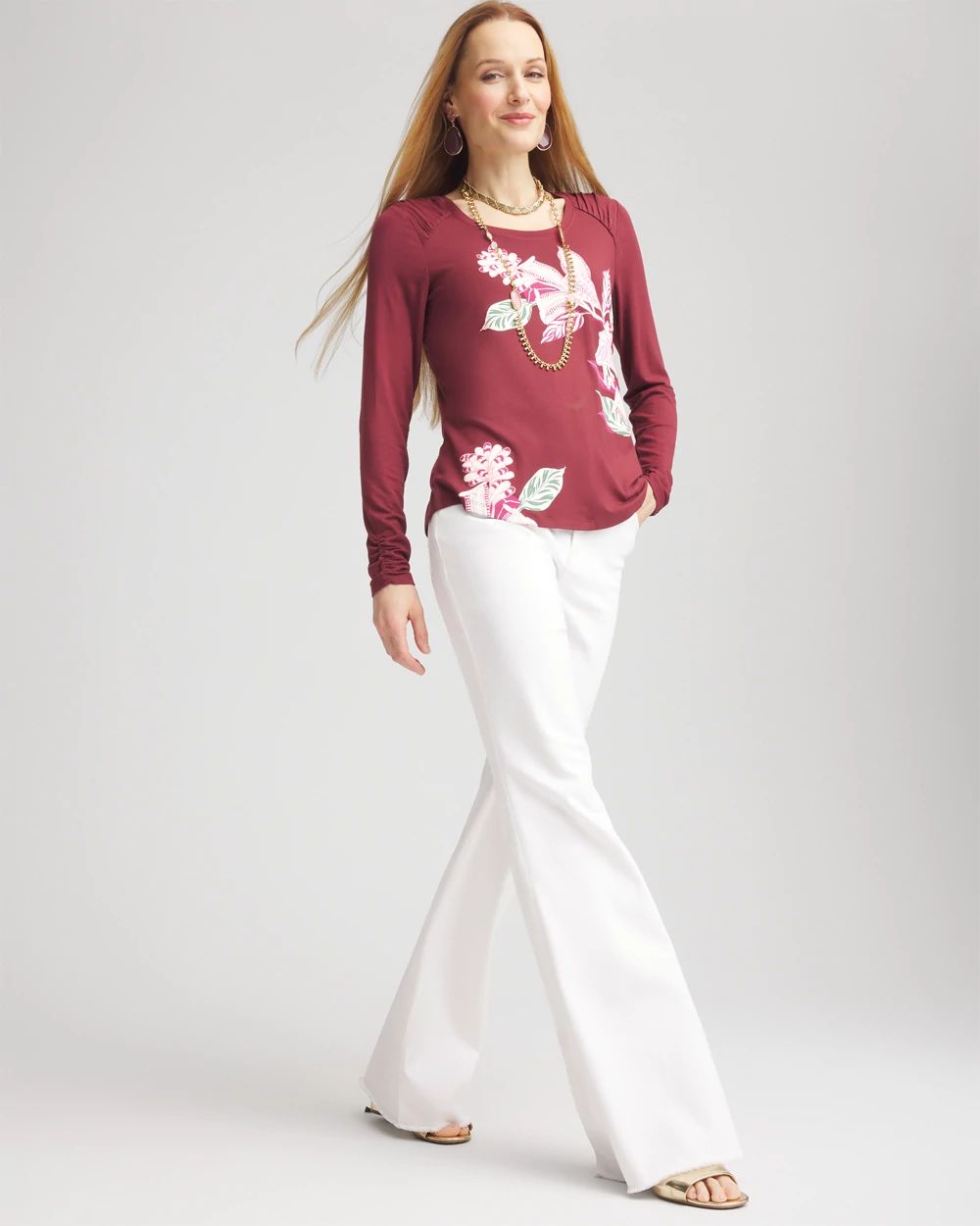 Touch of Cool™ Gathered Sleeve Floral Print Tee click to view larger image.