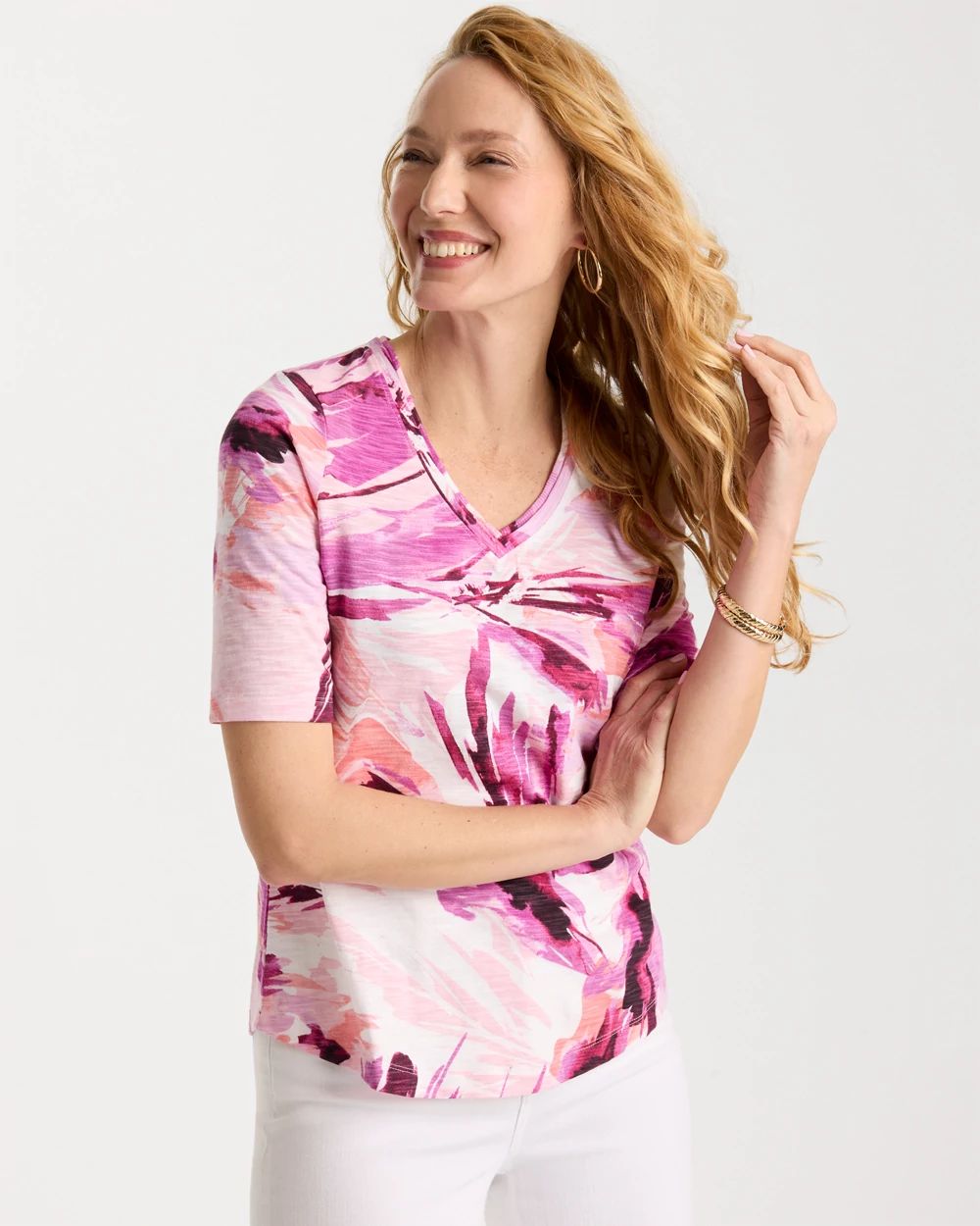 Printed Double V-Neck Slub Rib Tee