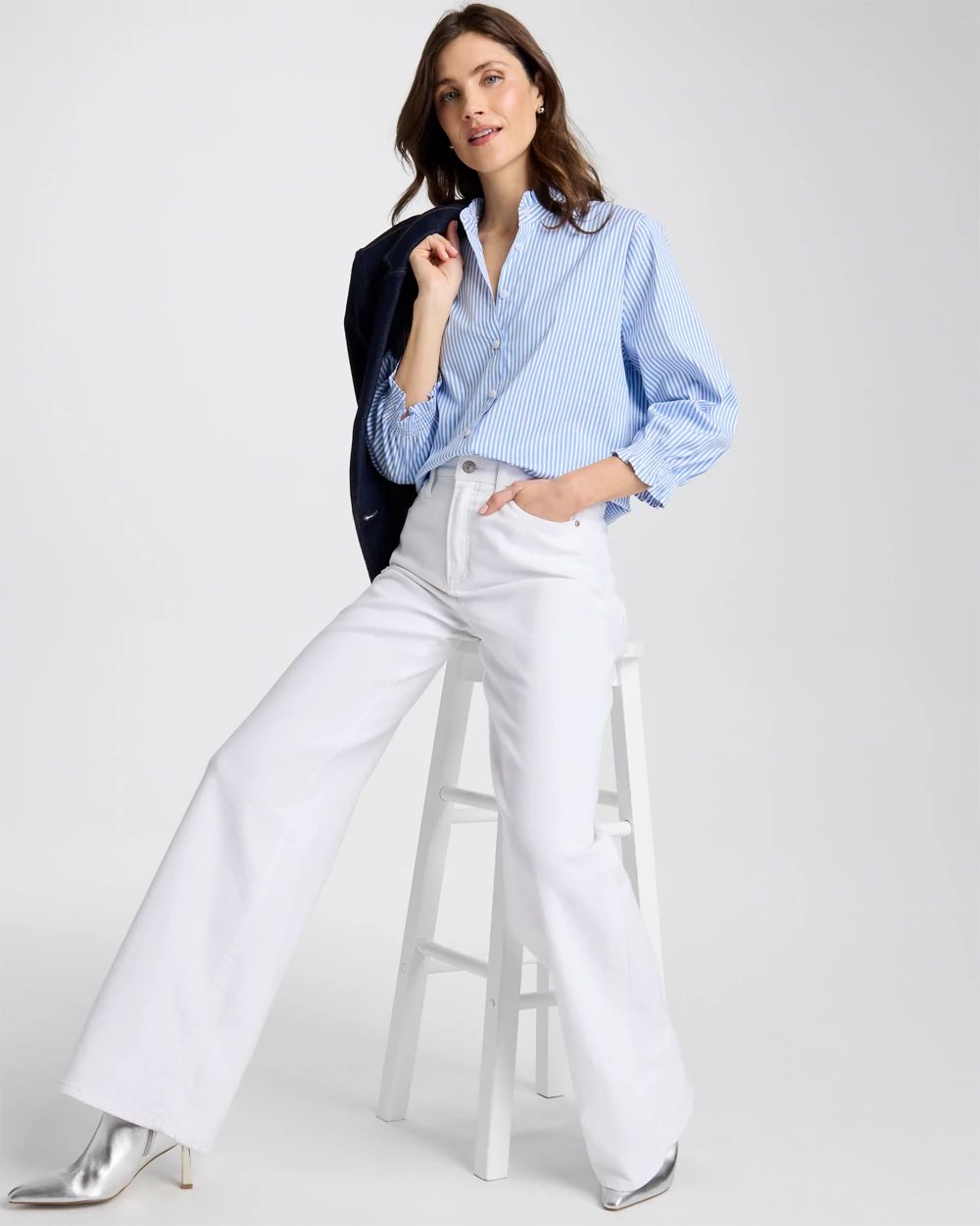 Striped Poplin Ruffle Neck Shirt