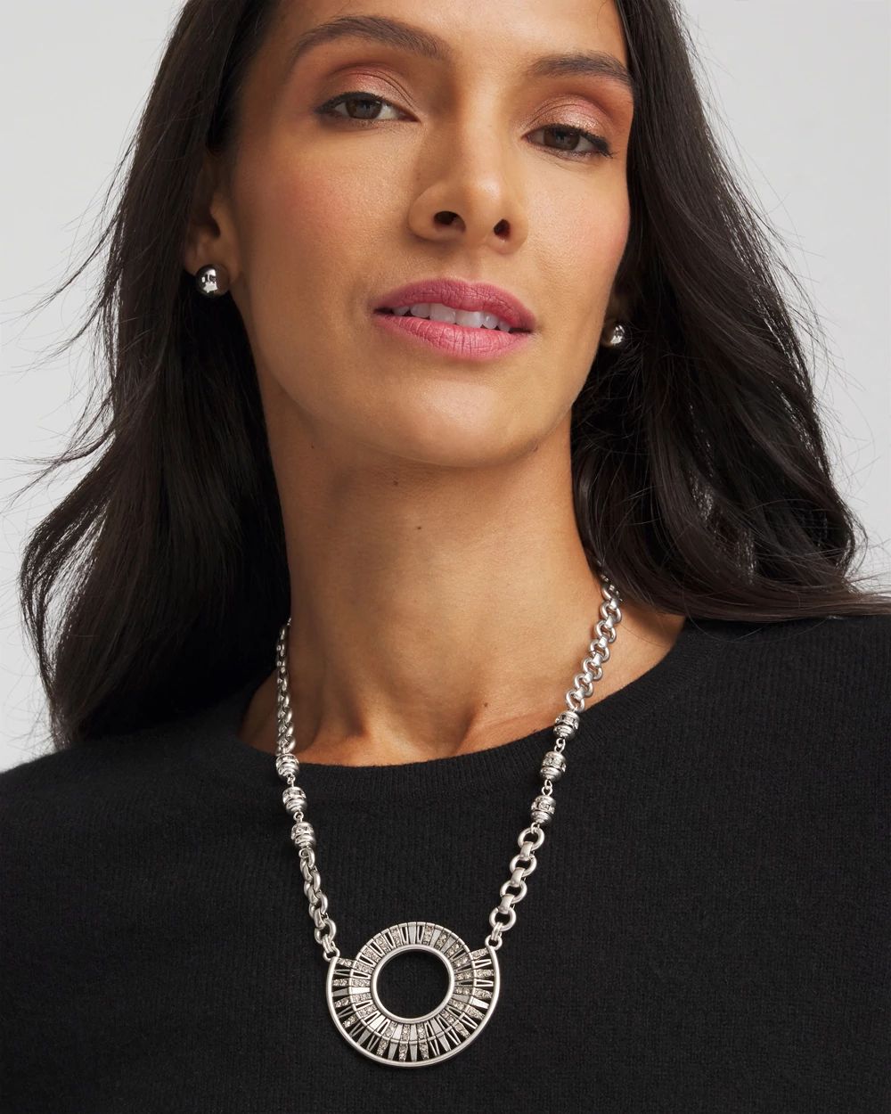 Sparkling Silvertone Circle Pendant Necklace click to view larger image.
