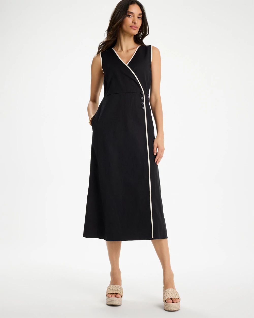 Petite Sleeveless Surplice Linen Dress