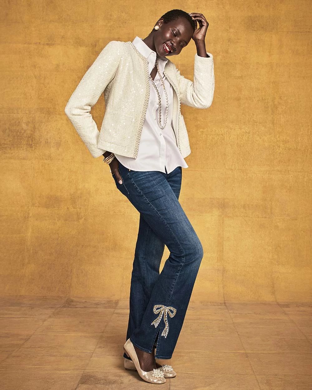 Bow Appliqué Pull-On Bootcut Jeans