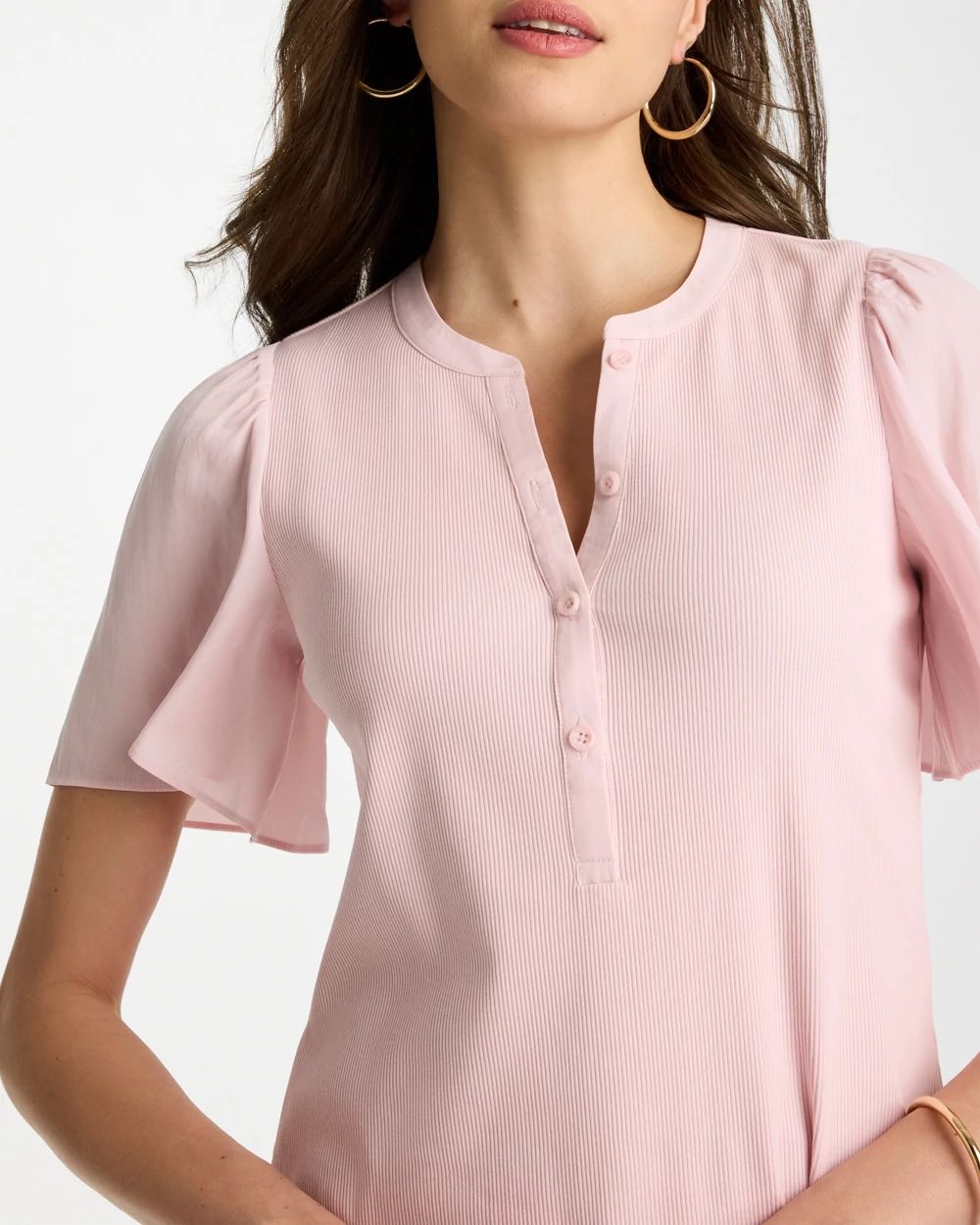 Rib Knit Woven Flutter Sleeve Tee