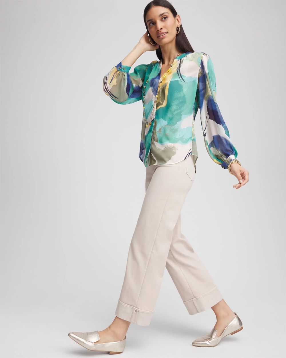 Pull-On Wide Leg Cuffed Jeans click to view larger image.