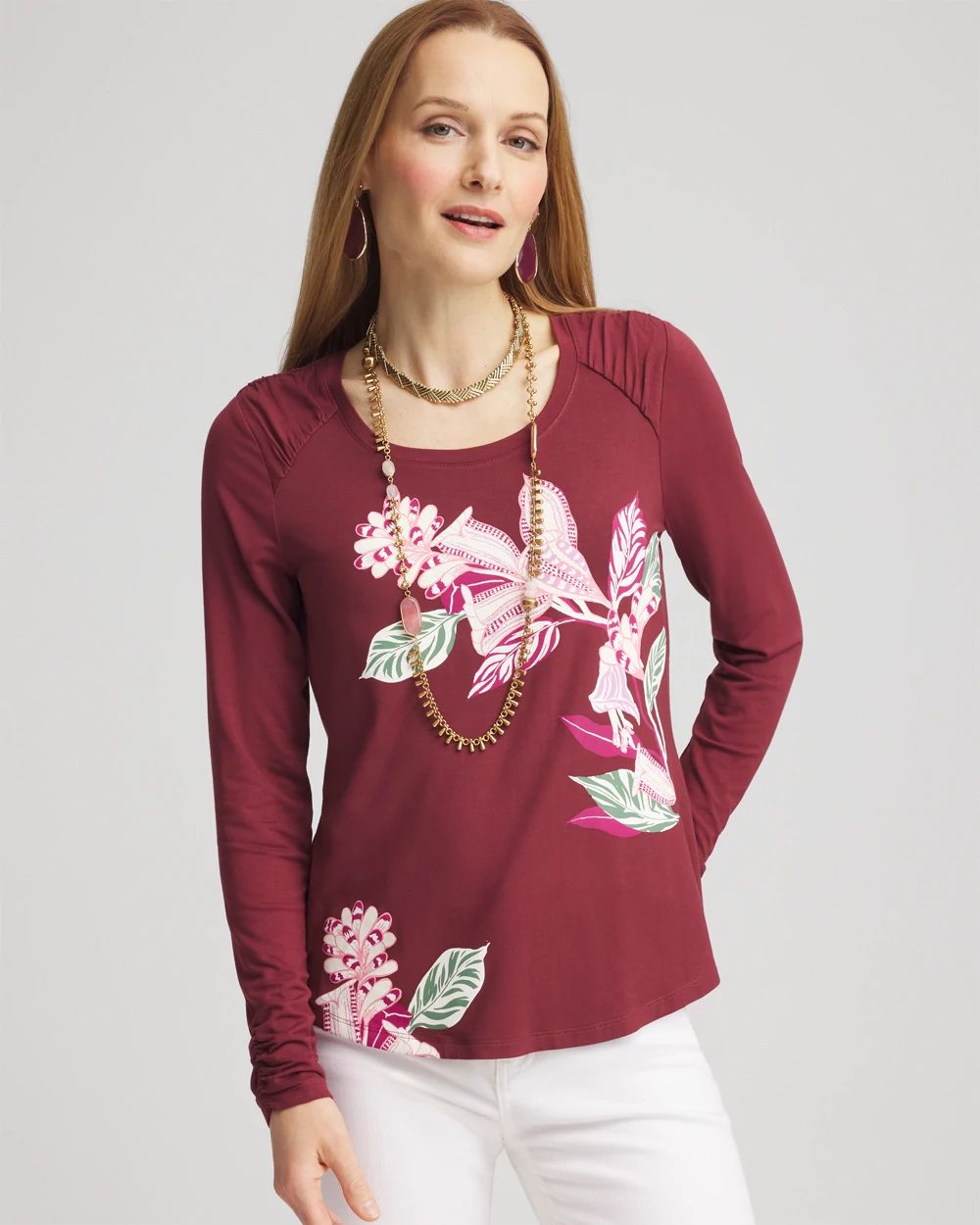 Touch of Cool™ Gathered Sleeve Floral Print Tee