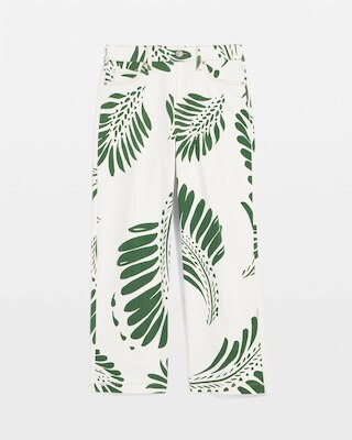 Palm-Frond-Motif Pull-On Wide-Leg Cropped Jeans click to view larger image.
