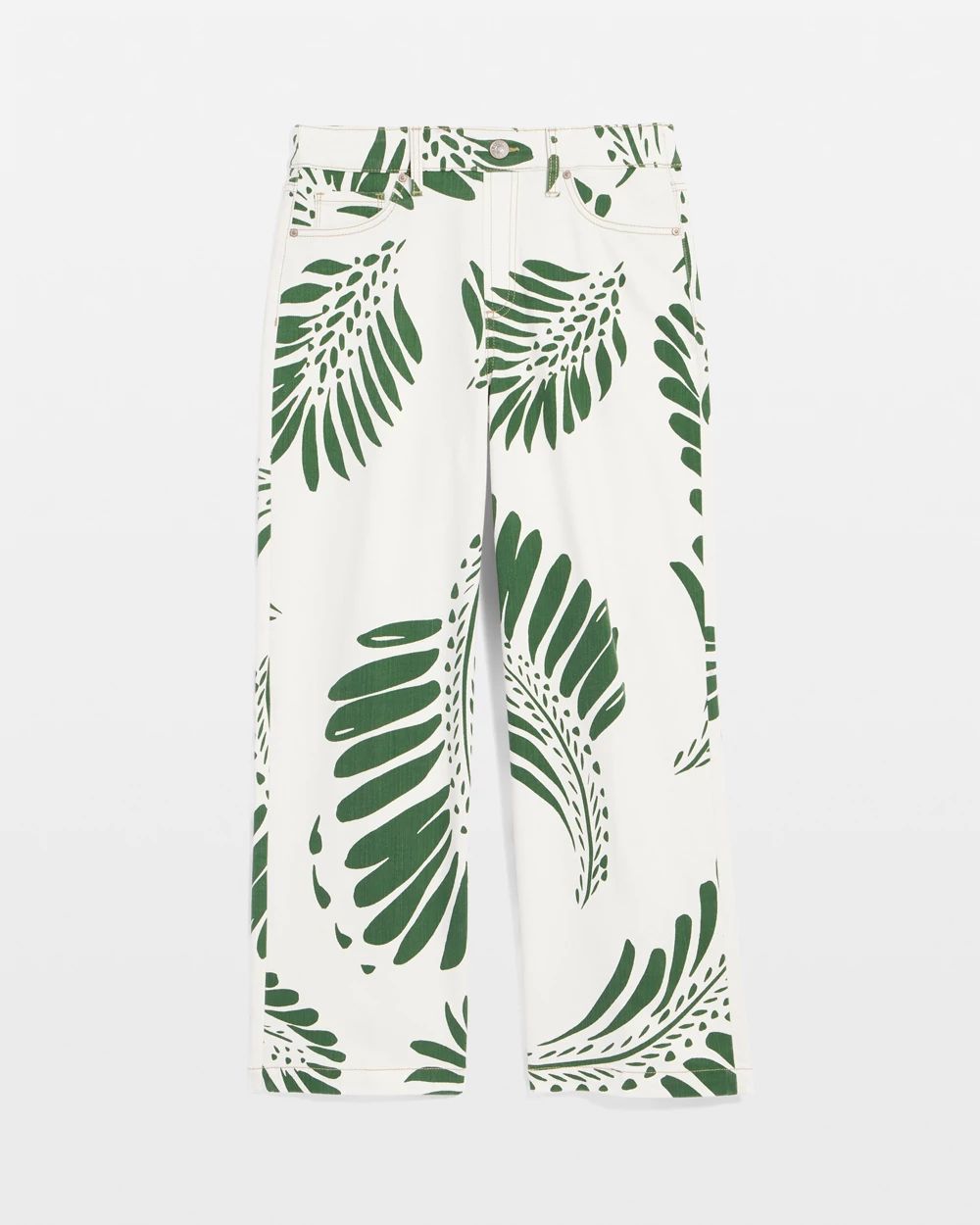 Palm-Frond-Motif Pull-On Wide-Leg Cropped Jeans