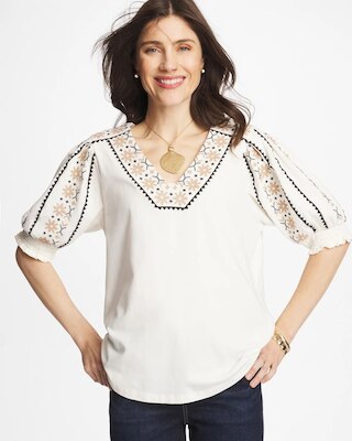 Embroidered Smocked-Sleeve Tee